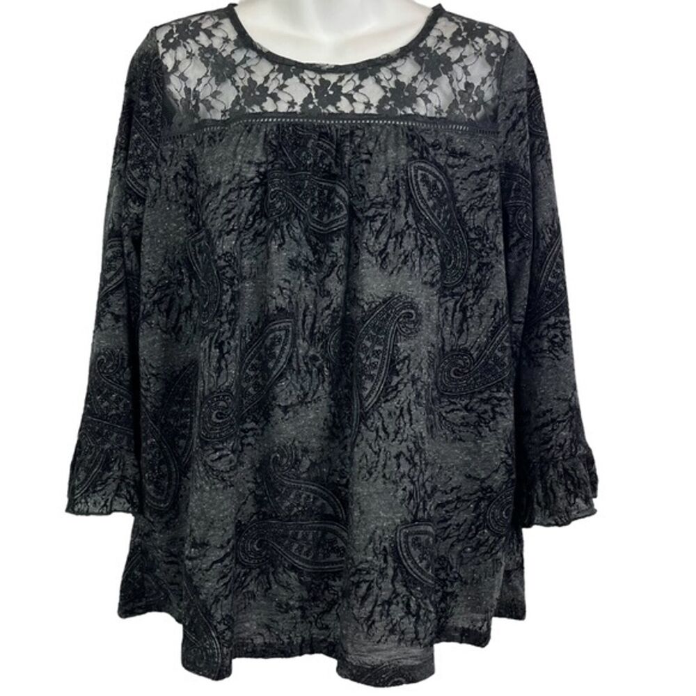 MYSTREE Paisley Bell Sleeves Whimsigoth Lace Fairy Witchy Top Black Womens sz S